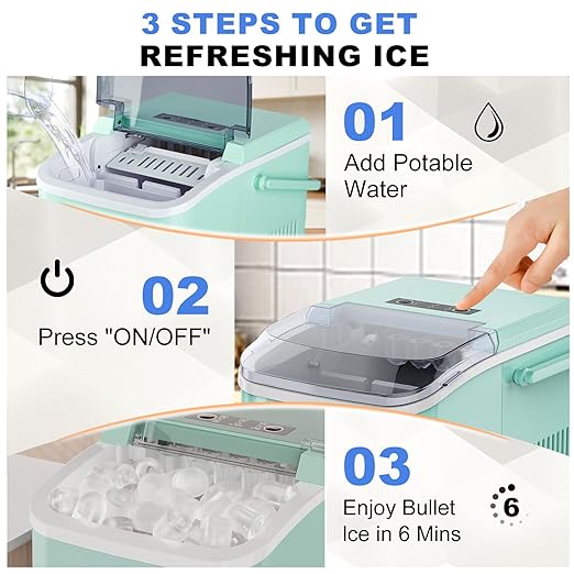 SMUG Ice Makers Countertop with Handle, Portable Ice Machine, 9 Bullet Ice Cubes in 6 Mins, 26lbs in 24Hrs, Auto-Cleaning, with Basket and Scoop, for Home, Kitchen, RV, Camping,Light Green with Handle