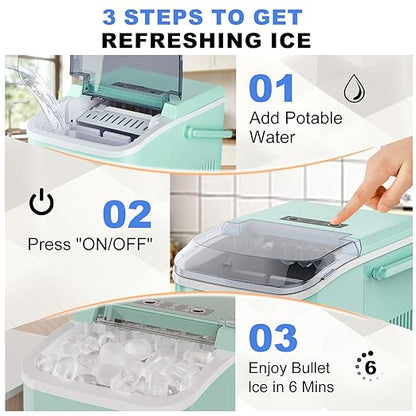 SMUG Ice Makers Countertop with Handle, Portable Ice Machine, 9 Bullet Ice Cubes in 6 Mins, 26lbs in 24Hrs, Auto-Cleaning, with Basket and Scoop, for Home, Kitchen, RV, Camping,Light Green with Handle