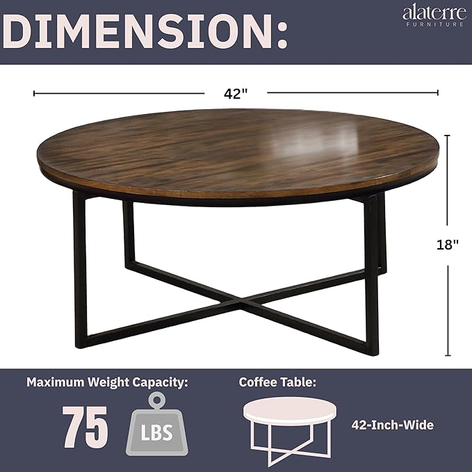 Alaterre Furniture Arcadia 42-Inch Round Acacia Wood Coffee Table – Industrial Living Room Table with Antiqued Mocha Finish and Metal Sled Legs – Ideal Centerpiece for Sectionals and Sofas