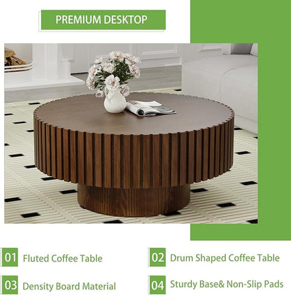 Artisan-Crafted Round Fluted Coffee Table - Solid Wood Drum Base with Detailing, Handmade Circular Centerpiece for Living Room, Rustic Modern Home Decor (D Walnut 31in)