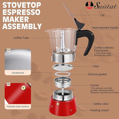 Induction Moka Pot, 9 Cups (15.9 oz) Crystal Glass-Top & Stainless Steel Moka Pot, Classic Stovetop Espresso Maker, Red