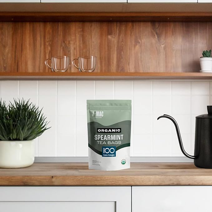 J Mac Botanicals Organic Spearmint Tea Bags (100 Count) - Certified by Organic Certifiers, Inc. - Quality Tea From Nile Valley, Egypt, Packaged in the USA