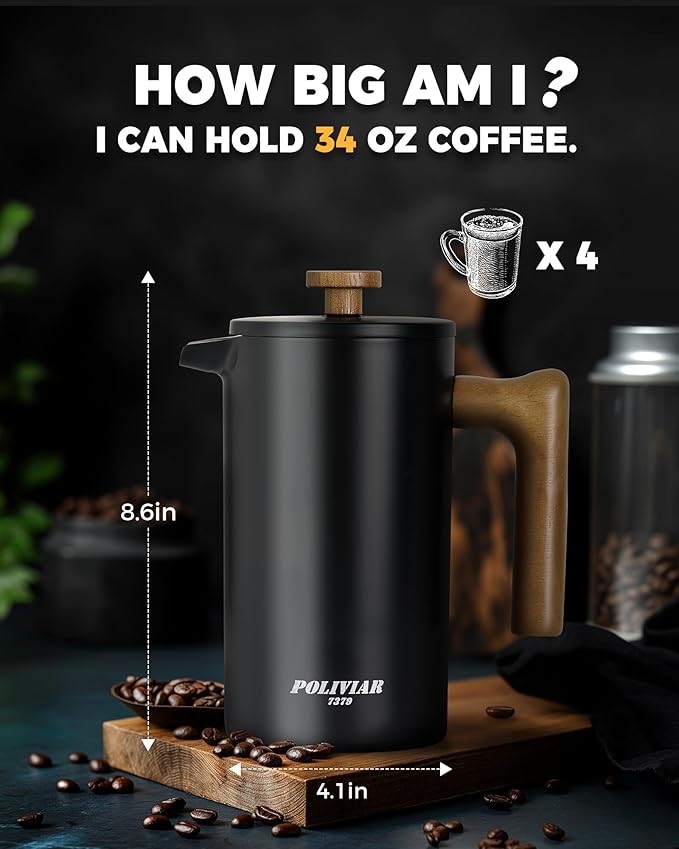 POLIVIAR French Press Coffee Maker, 34 Ounce Coffee Press with Real Wood Handle, Double Wall Insulation & Dual- Filter Screen, Food Grade Stainless Steel for Good Coffee and Tea (Vintage)