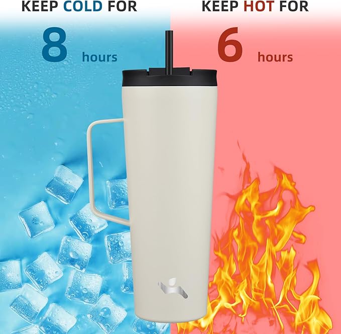 Insulated Tumbler with Handle and Straw, 26 OZ Travel Coffee Mug Stainless Steel Cup Metal Water Bottle,Angel White