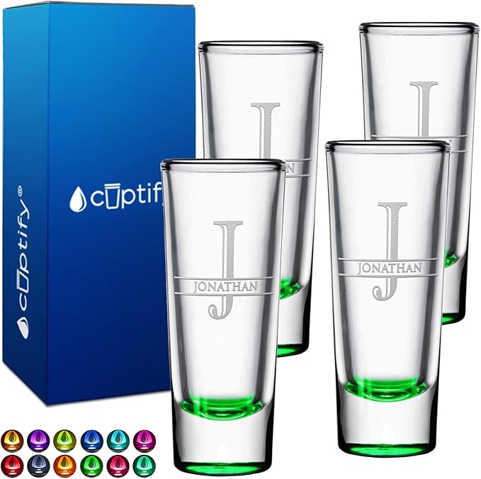 Personalized Shot Glasses Set of 4 Green Bottom Custom 2 oz Cordial Shot Glass Initial and Name for Gifts, Weddings, Birthdays, Party, Event, Decorations