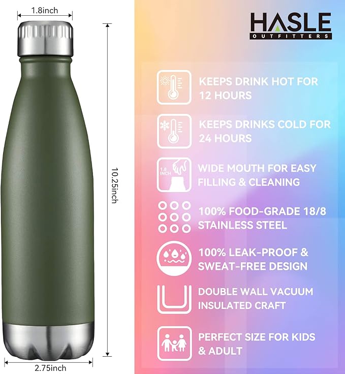 HASLE OUTFITTERS 17oz Stainless Steel Water Bottles Bulk, Vacuum Insulated Double Walled Powder Coated Reusable Metal Sports Water Bottles Keep Drinks Hot and Cold, ArmyGreen, 8Packs