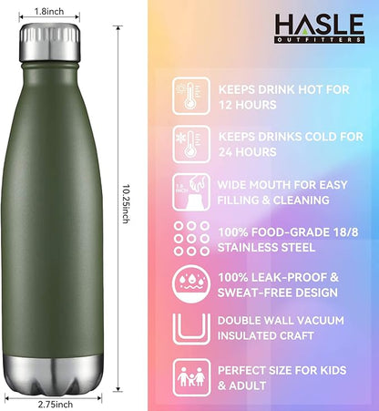 HASLE OUTFITTERS 17oz Stainless Steel Water Bottles Bulk, Vacuum Insulated Double Walled Powder Coated Reusable Metal Sports Water Bottles Keep Drinks Hot and Cold, ArmyGreen, 8Packs