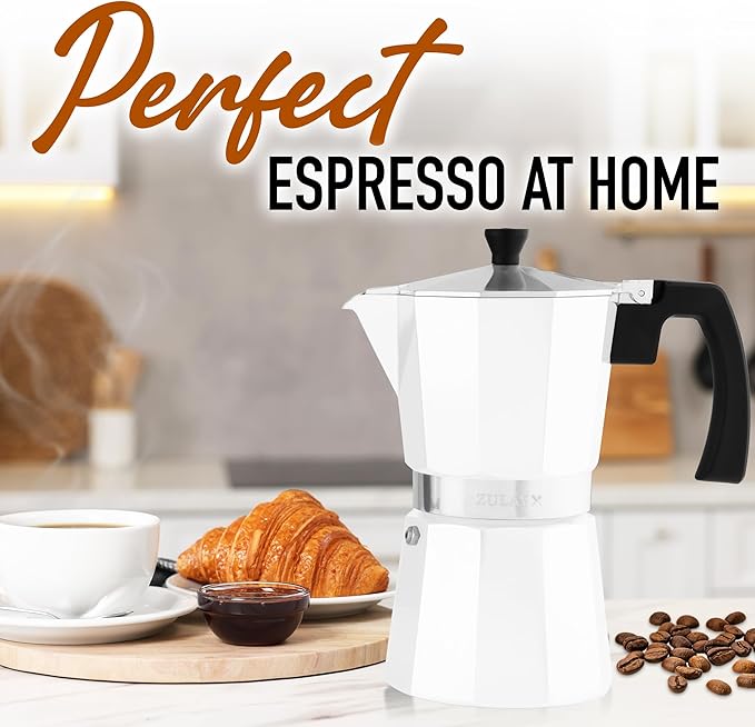 Zulay Moka Pot Espresso Stovetop Coffee Maker - Leak-Proof, Stainless Steel, Easy to Clean, Heat Resistant Handle & Knob - for Authentic Cuban & Italian Style Espresso - Makes 9 Espresso Cups - White
