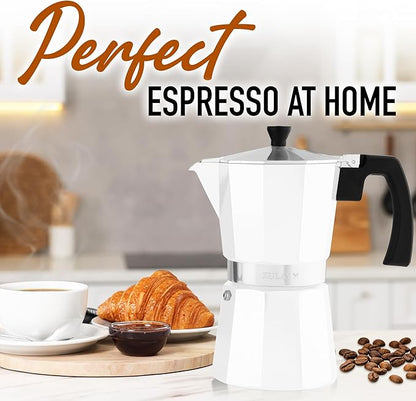 Zulay Moka Pot Espresso Stovetop Coffee Maker - Leak-Proof, Stainless Steel, Easy to Clean, Heat Resistant Handle & Knob - for Authentic Cuban & Italian Style Espresso - Makes 9 Espresso Cups - White