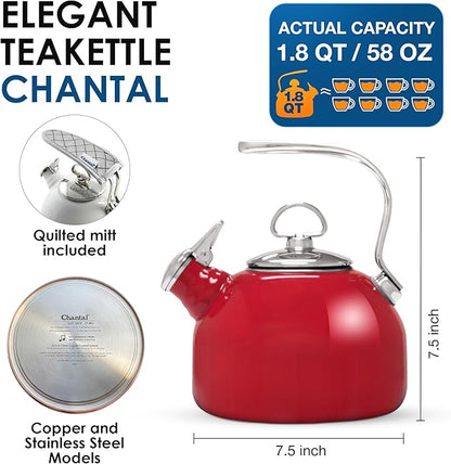 Chantal Classic Teakettle, 1.8 QT, Enamel On Steel, 2-Tone Harmonica Whistle, Rapid Boil and Even Heating (Chili Red)