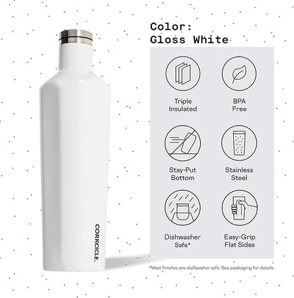Corkcicle Classic Canteen Insulated Tumbler, Gloss White, 25 oz – Reusable Water Bottle Keeps Beverages Cold for 25 Hours & Hot 12 Hours – Cupholder Friendly Tumbler with Screw-On Cap