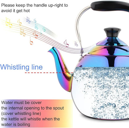 Whistling Tea Kettle for Stovetop Induction Stainless Steel Tea pot Whistle Kettles Gas Stove Top Fast Boiling Water Modern Rainbow Iridescent Color Mirror Finish 2 Quart