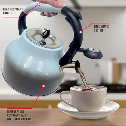 Emeril Lagasse 2.6 Quart/2.5 Liter Whistling Tea Kettle, Stainless Steel Tea Pot for Induction Stove Top, Fast to Boil Water for Home Kitchen Condo, with Ergonomic Cool Grip Handle, Turquoise