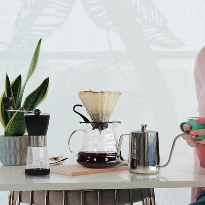 SOTECH Pour Over Coffee Maker Set with Black Gooseneck Kettle Wooden Filter Holder Coffee Dripper Glass Server with Paper Coffee Filters,DIY Manual Coffee Maker Set (Eco-Setbag)