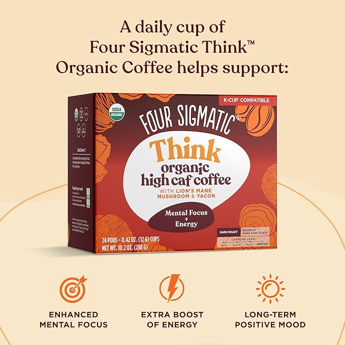 Four Sigmatic High Caffeine Mushroom Coffee K-Cups | Organic Dark Roast Coffee with Lion’s Mane & Yacon | Focus & Immune Support | Vegan & Keto | Sustainable Pods | 48 Count