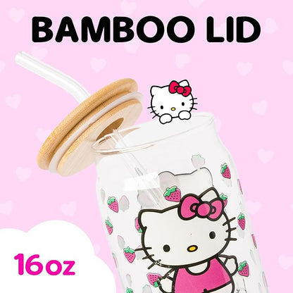 Silver Buffalo Sanrio Hello Kitty Strawberry Glass Jar Tumbler with Bamboo Lid and Glass Straw, 16 Ounces