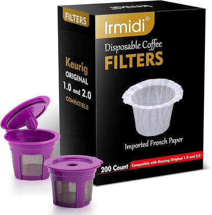 200 Count Disposable Coffee Paper Filters with 2 Pack Reusable K Cups Filters,Compatible with Keurig Brewers Single Serve 1.0 and 2.0