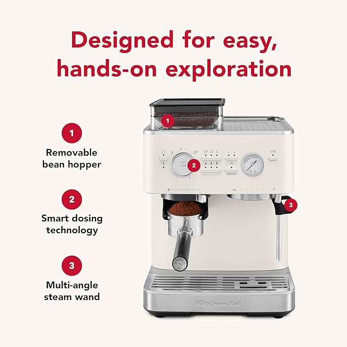 KitchenAid Semi Automatic Espresso Machine with Burr Grinder, 2.5L, KES6551PL, Porcelain White