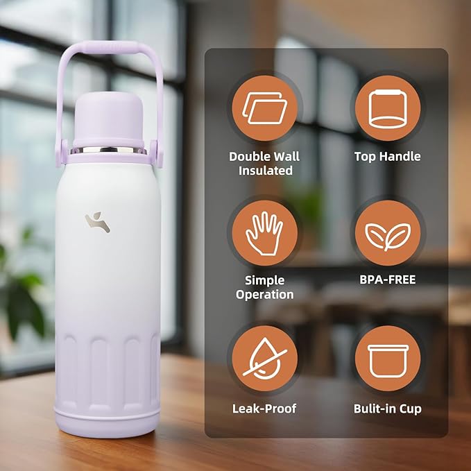 Insulated Water Bottle with Handle and Strap,Vacuum Travel Tumbler with Cup Lid,Thermo Coffee Cup for Hot Cold Drinks 50 OZ,Purple Pearl