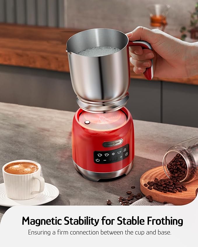 Hazel Quinn Milk Frother - Milk Steamer with Adjustable Temperature & Foam Thickness, Dishwasher Safe, Detachable Base, for Latte/Cappuccino/Hot Chocolate, Cold Foam, 400ML (13.5OZ) - Ruby Red
