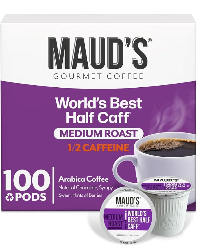 Maud's Half Caff Coffee Pods, 100 ct, Medium Roast Coffee in Recyclable Single Serve Pods – 100% Arabica Coffee, Compatible with Keurig K Cups Maker