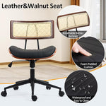 Load image into Gallery viewer, Home Office Chair with Wheels, Adjustable Height Desk Chair with Rattan Backrest, Leather Swivel Computer Chair, Armless Modern Walnut Chair for Office, Meeting Room, Black