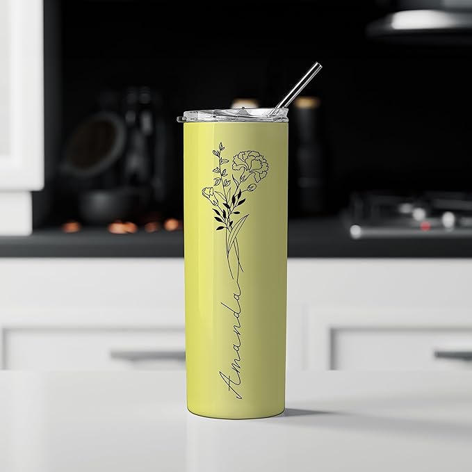 Birthday Gifts for Women, Personalized Tumblers with Birth Flower and Name, 10 Colors - 20 Oz, Skinny Tumblers for Women