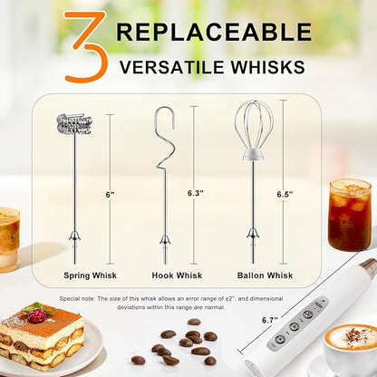 YUSWKO White Handheld Milk Frother Wand for Coffee, Rechargeable Electric Whisk with 3 Heads 3 Speeds Drink Mixer Coffee Frother For Latte, Cappuccino, Hot Chocolate, Egg