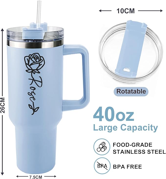 ThermoThrill Ships Next Day, Personalized 40 Oz Tumbler with Handle and Straw Custom Tumbler with Text Stainless Steel Mug Birthday Gifts for Women (3.Personalized with Birth Flower, 40OZ)