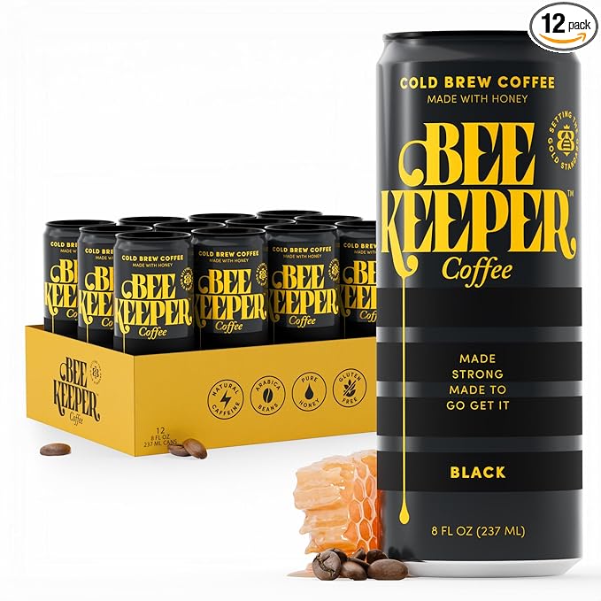 Beekeeper Coffee Black Cold Brew with Oregon Honey, 8 fl oz cans (Pack of 12), Ready-to-Drink, 180mg Natural Caffeine