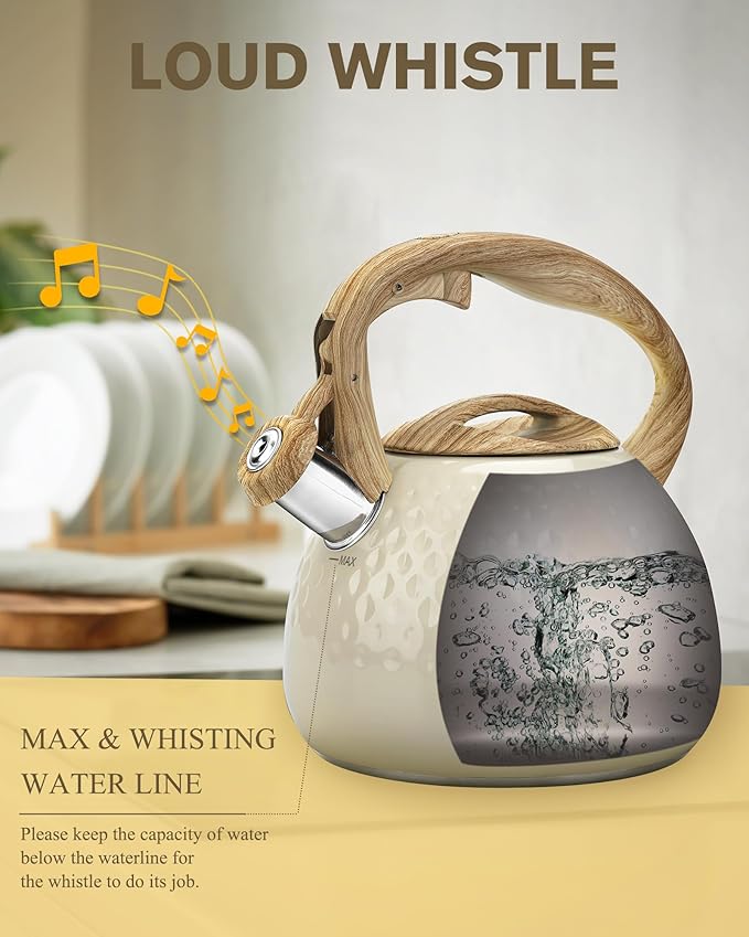 Tea Kettle Stovetop Teapot, 2.5 Quart Loud Whistle Food Grade Stainless Steel and Smooth Wood Pattern Handle, Sophisticated Look for Hiking, Picnic, for Tea, Coffee Milky White