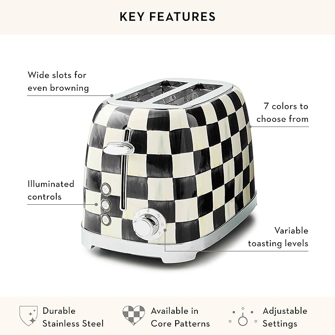 MACKENZIE-CHILDS 2-Slice Toaster, Decorative Toaster for Kitchen, Black-and-White Courtly Check