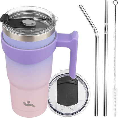 20 oz Tumbler with Handle and 2 Straw 2 Lid, Insulated Water Bottle Stainless Steel Vacuum Cup Reusable Travel Mug,Pastel Sunset