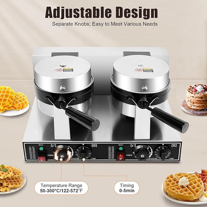 Commercial Dual-Head Rotating Non-Stick Round Belgian Waffle Maker - 2400W Stainless Steel Waffle Iron Machine for Restaurant or Bakery - Temperature and Time Control, 110V