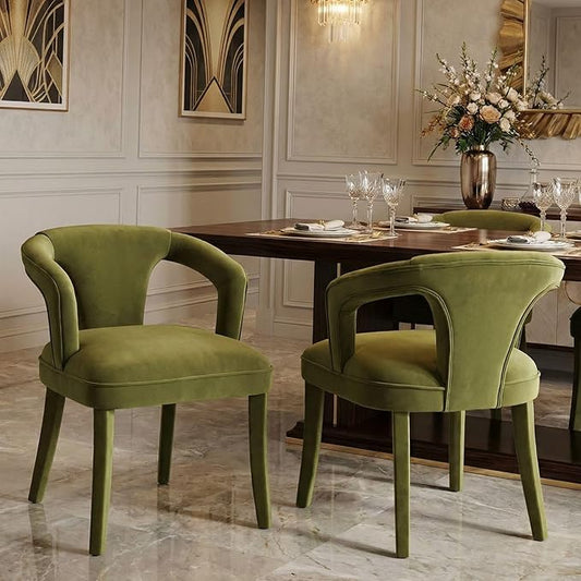 Olive-Green Velvet Dining Chairs Set of 2, Modern Solid Wood Kitchen Chairs, All-Over Fabric Upholstered Side Chairs for Kitchen/Dining Room/Living Room/Restaurant