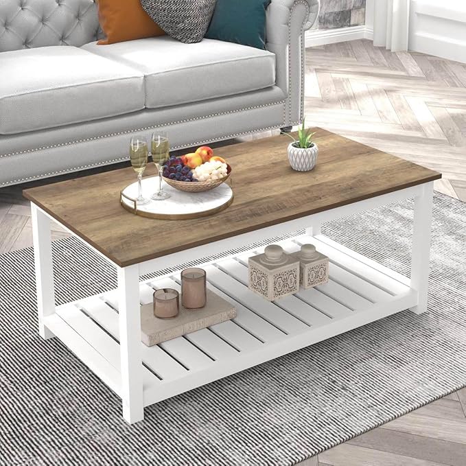 FOLUBAN Farmhouse Coffee Table with Storage Shelf, Rustic Vintage Wood Cocktail Table for Living Room, White