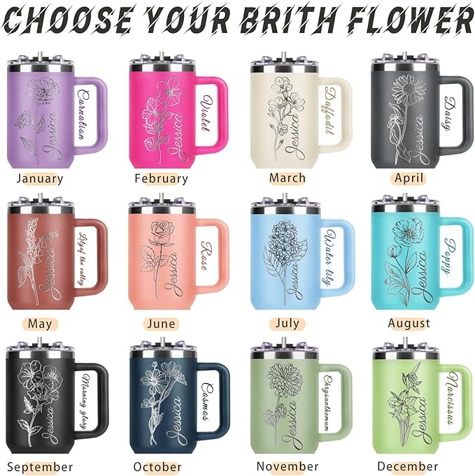 Personalized 40oz Coffee Tumbler with Text Name, Custom Stainless Steel Travel Mug with Lid and Birth Flower, Custom Mug Coffee Cup - Personalized Christmas Gifts for Women Mom