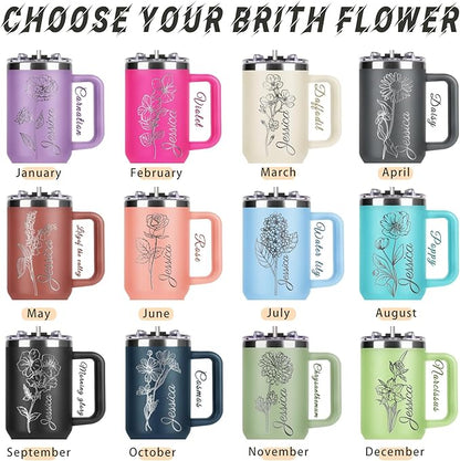 Personalized 40oz Coffee Tumbler with Text Name, Custom Stainless Steel Travel Mug with Lid and Birth Flower, Custom Mug Coffee Cup - Personalized Christmas Gifts for Women Mom