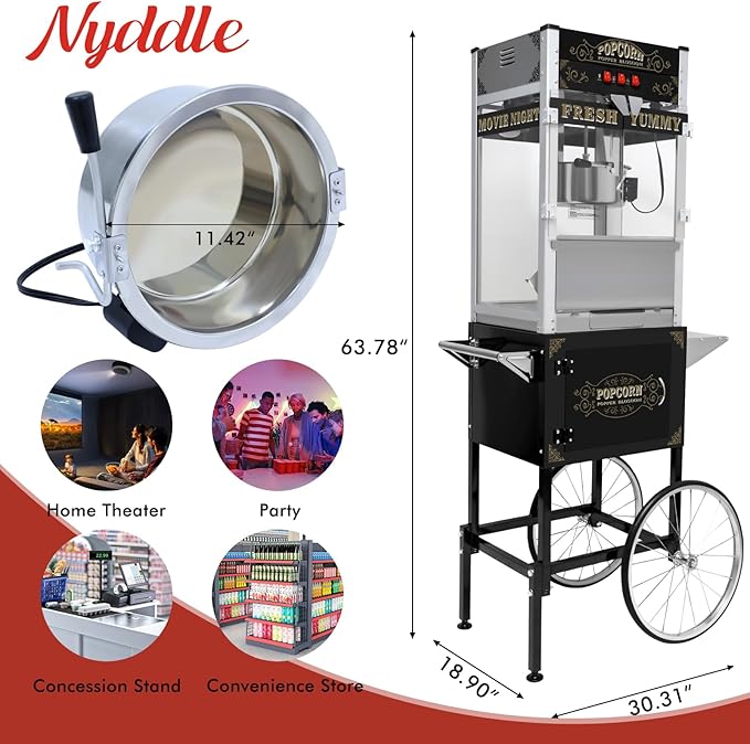 Commercial Popcorn Machine with Cart, Wheels & 20 Oz Kettle, Popcorn Maker Machine Vintage Style Movie Theater Popcorn Popper Machine for Parties, Events, Commercial, and Home Theater