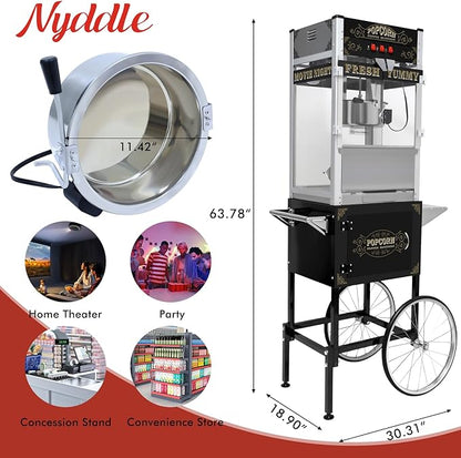 Commercial Popcorn Machine with Cart, Wheels & 20 Oz Kettle, Popcorn Maker Machine Vintage Style Movie Theater Popcorn Popper Machine for Parties, Events, Commercial, and Home Theater