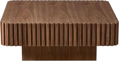 KEVINSPACE Square Wood Coffee Table, Fluted CoffeeTable Handcraft Drum TeaTable CenterTable for Living Room, Modern Wooden CocktailTable for Small Space, Easy Assembly 35.43" 15.75" H Walnut