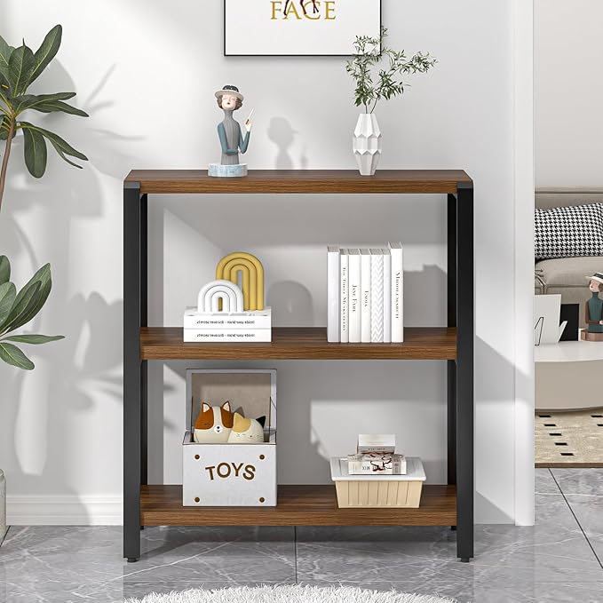 FOLUBAN Small Bookshelf and Bookcase, 3 Tier Low Short Book Shelf, Industrial Metal and Wood Book Case for Living Room Bedroom, Rustic Walnut