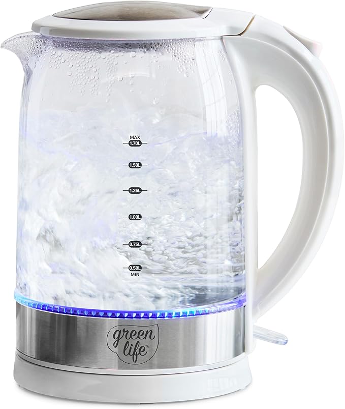 GreenLife 1.7 Liter Glass Electric Kettle, Easy One Touch Use, Quick Heating, Filtered Spout, LED Base, Auto Shut-Off, Cordless Serving, Coffee and Tea, White