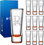 Load image into Gallery viewer, Personalized Shot Glasses Set of 10 Orange Bottom Custom 2 oz Cordial Shot Glass Initial and Name for Gifts, Weddings, Birthdays, Party, Event, Decorations