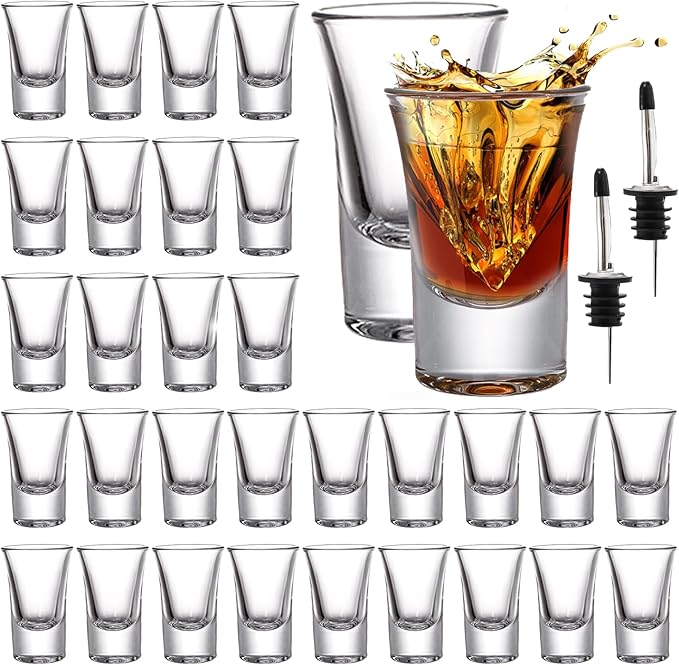Tebery 30 Pack Shot Glass Bulk Heavy Base, 1.2 Oz Tequila Glass Set with 2 Bottle Pourer, Clear Small Whiskey Shot Glass Cups for Vodka, Liquors, Cocktail, Espressos, Bar