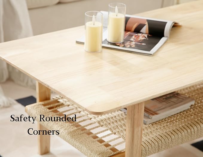 Farmhouse Coffee Table for Living Room 2-Tier Coffee Table with Natural Rattan Storage Shelf Large Rectangular Center Table for Living Room Reception, Natural Color