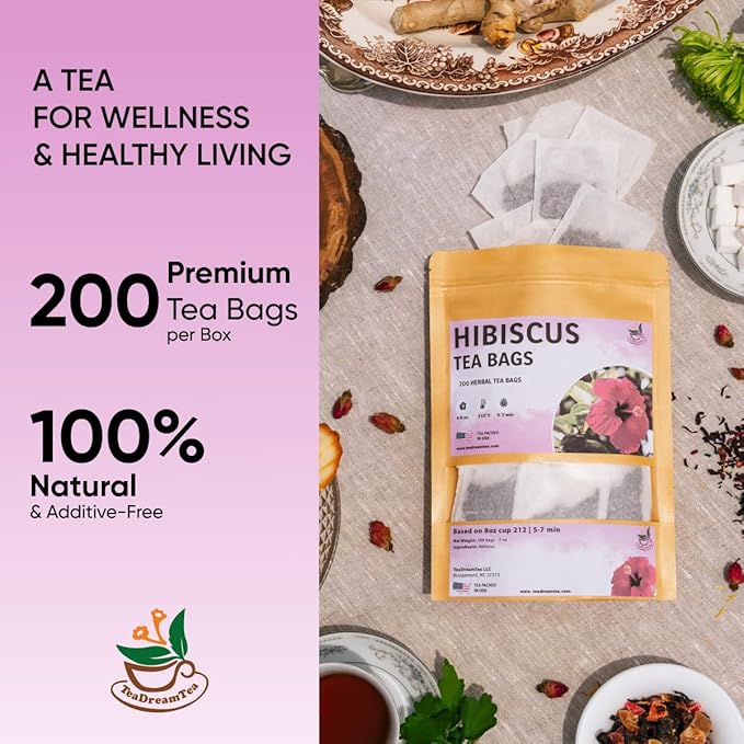 TeaDreamTea Hibiscus Tea Bags 200 Bleach-Free Tea Bags Caffeine Free Dried Hibiscus Flowers Hibiscus Flower Tea Dried Flower Tea Brew Hot or Iced Herbal Hibiscus Tea, 200 Count (Pack of 1)