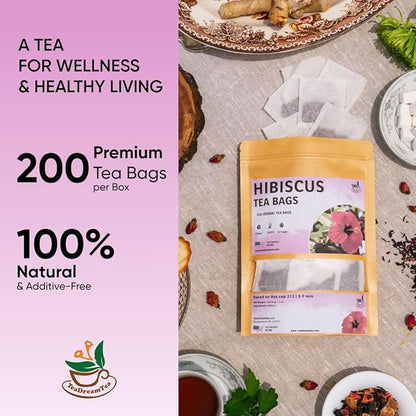 TeaDreamTea Hibiscus Tea Bags 200 Bleach-Free Tea Bags Caffeine Free Dried Hibiscus Flowers Hibiscus Flower Tea Dried Flower Tea Brew Hot or Iced Herbal Hibiscus Tea, 200 Count (Pack of 1)