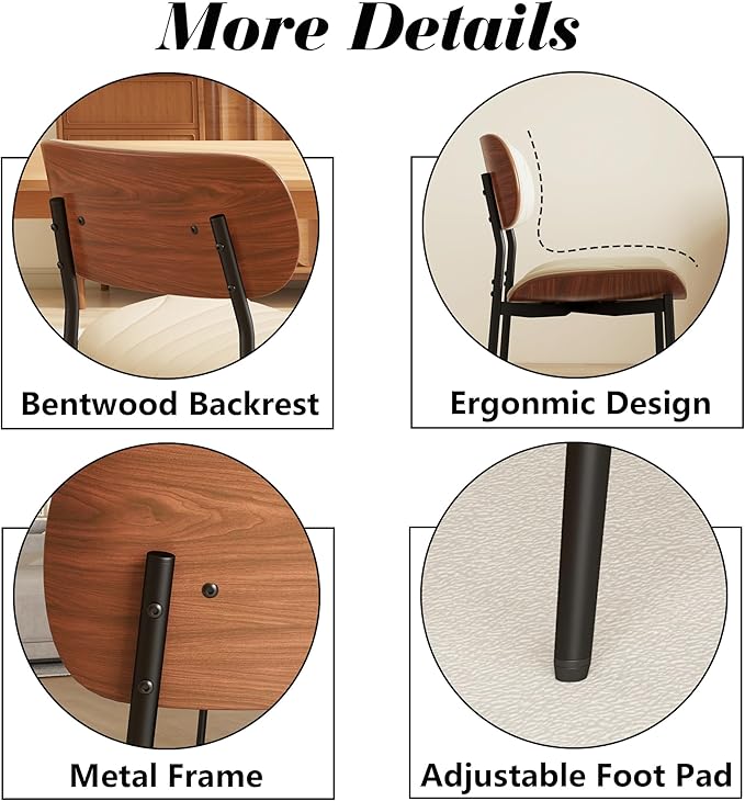 Modern PU Leather Dining Room Chairs Set of 4, Upholstered Kitchen Chairs with Curved Wood Backrest and Metal Legs Adjustable Feet for Kitchen Dining Room(Beige)