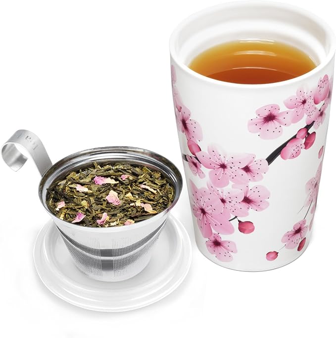 Tea Forte Hanami Double-Walled Ceramic Kati Cup with Removable Stainless Steel Infuser Basket and Lid, Steeps 12 oz Loose Leaf Tea, Lid and Cup Dishwasher & Microwave Safe